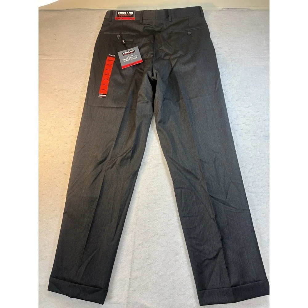 Kirkland Signature Men's 34x32 Wool Pleated Cuffed Dress Slacks Charcoal Twill
